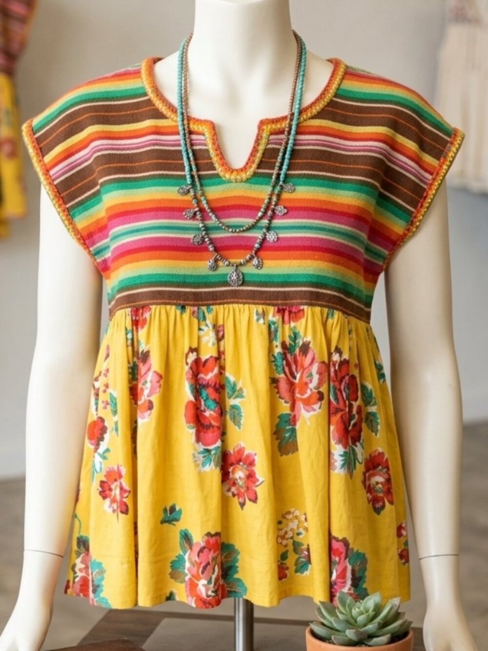 Ivy Jane Serape Striped & Yellow Floral Peplum Top Blouse - Boho Chic (Size S/M)